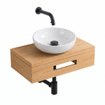 Royal Plaza Terra Fonteinplank - 40x25x10cm - met handdoekhouder - waskom wit glans - fonteinkraan zwart mat - afvoerplug - sifon - sandwood (licht eiken) SW1576320