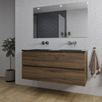 Saniclass Chaci Ensemble meuble de salle de bains - 120x46x55cm - lavabo céramique noir - 2 vasques - sans trous de robinetterie - 2 tiroirs - miroir rectangulaire - noyer (bois) SW816583