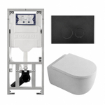 QeramiQ Dely Swirl Toiletset - 36.3x51.7cm - Geberit UP320 inbouwreservoir - met Burda frame - 35mm zitting - mat zwarte bedieningsplaat - ronde knoppen - mat wit SW1138633