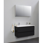 Basic Bella Meuble lavabo acrylique noir avec 2 trou de robinet avec armoire de toilette à 2 portes grise 100x55x46cm Flat Pack Noir mat SW538867