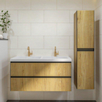 Wiesbaden lotus ensemble de meubles de salle de bains 120x45.2cm 2 robinets 2 lavabos marbre artificiel blanc lavabo avec 2 tiroirs sans miroir chêne naturel/noir mat SW791443