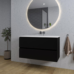 Adema Chaci Meuble salle de bain - 100x46x57cm - 1 vasque en céramique blanche - sans trou de robinet - 2 tiroirs - miroir rond avec éclairage - noir mat SW816289