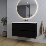 Saniclass Chaci Ensemble meuble de salle de bains - 100x46x55cm - lavabo en céramique blanc - 1 vasque - sans trous de robinet - 2 tiroirs - miroir rond avec éclairage - noir mat SW816289