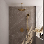 BRAUER Gold Carving douche de pluie encastrée thermostatique - 3 voies - ronde - set 96 - pomme de douche 30cm - bras de plafond - douchette 3 jets - flexible de douche - barre de douche intégrée - or brossé PVD SW1159073