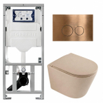 QeramiQ Dely Pack WC - 36,3x51,7cm - à fond creux - sans bride - réservoir encastré Geberit UP320 - abattant WC à fermeture douce - plaque de commande en cuivre - boutons ronds - beige mat SW1242415
