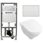 Villeroy & Boch O.novo set de toilettes avec réservoir de chasse encastré Geberit avec cuvette suspendue à évacuation profonde blanche, abattant softclose et plaque de commande à boutons ronds blanche SW791656
