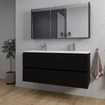 Saniclass Chaci Meuble de salle de bain - 120x46x55cm - lavabo en céramique blanc - 2 vasques - 2 trous de robinet - 2 tiroirs - armoire miroir - noir mat SW856539