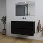 Saniclass Chaci Meuble de salle de bain - 100x46x55cm - lavabo en céramique noir - 1 vasque - sans trous de robinet - 2 tiroirs - miroir rectangulaire - noir mat SW816573