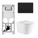 QeramiQ Dely Toiletset - 36.3x51.7cm - diepspoel - rimless - Geberit UP320 inbouwreservoir - met Burda frame - softclose toiletzitting - mat zwarte bedieningsplaat - rechtehoekige knoppen - glans wit (zwart) SW1102477