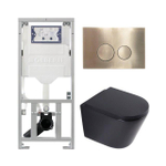 QeramiQ Dely Toiletset - 36.3x51.7cm - diepspoel - rimless - Geberit UP320 inbouwreservoir - softclose toilet zitting - 35mm - geborsteld messing bedieningsplaat - ronde knoppen - mat zwart SW1235418
