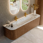 MONDIAZ KURVE-DLUX 170cm Meuble salle de bain avec module 25 G et D - couleur Walnut - 1 tiroir - 2 portes - vasque BIG LARGE centre - 2 trous de robinet - couleur Glace SW1138055