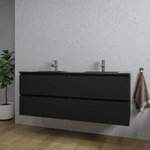 Saniclass Chaci Meuble de salle de bain - 140x46x55cm - lavabo en céramique noir - 2 vasques - 2 trous de robinet - 4 tiroirs - noir mat SW1171458