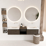 Mondiaz bukla ensemble de meubles de salle de bain 160x45x34cm 0 robinetterie 2 lavabos surface solide talc sans poignée 2 tiroirs avec softclose mélamine marron foncé SW705082