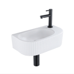 QeramiQ Fuente Ensemble de Lavabo - 40x21.5x12cm - droite - strié - demi-rond - 1 trou de robinet - céramique - ensemble de robinet noir mat - bouchon de vidange - siphon abaissé - blanc mat SW1232886