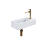 QeramiQ Lave-mains Kit lave-mains - 37.5x18.5x9cm - céramique - trou de robinet à droite - robinet lave-mains en laiton brossé - bonde de vidage - siphon abaissé - Blanc brillant SW1232752