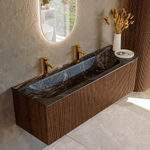 MONDIAZ KURVE-DLUX 145cm badmeubel met module 25 R kleur Walnut met 1 lade en 1 deur. Wastafel BIG LARGE links 2 kraangaten kleur Lava. SW1137254