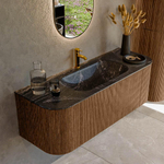 MONDIAZ KURVE-DLUX 130cm Meuble salle de bain avec module 25 G et D - couleur Walnut - 1 tiroir - 2 portes - vasque BIG SMALL centre - 1 trou de robinet - couleur Lava SW1137214