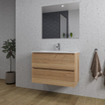 Saniclass Chaci Ensemble meuble de salle de bains - 80x45x55cm - lavabo en céramique blanc - 1 vasque ovale - 1 trou de robinet - 2 tiroirs - miroir rectangulaire - chêne SW724523