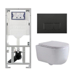 QeramiQ Dely Swirl Toiletset - 36.3x51.7cm - diepspoel - rimless - Geberit UP320 inbouwreservoir - met Burda frame - slim zitting - mat zwarte metalen bedieningsplaat - rechtehoekige knoppen - wit mat SW1126108