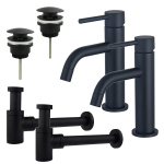 FortiFura Calvi Kit robinet lavabo - pour double vasque - robinet bas - bonde clic clac - siphon design bas - Noir mat SW911713