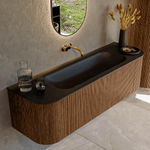 MONDIAZ KURVE 150cm Meuble salle de bain avec module 25 G et D - couleur Walnut - 1 tiroir - 2 portes - vasque BIG MEDIUM centre - sans trous de robinet - Urban SW1138464