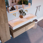 Mondiaz ALAN-DLUX Ensemble de meuble - 130cm - meuble Washed Oak mat - 2 tiroirs - Lavabo Cloud Ostra suspendu - vasque Gauche et droite - 0 trous de robinet SW808859
