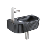 QeramiQ Fuente Fonteinset - 40x21.5x12cm - links - geribbeld - halfrond - 1 kraangat - keramiek - fonteinkraan geborsteld rvs - afvoerplug - verlaagd sifon - zwart mat SW1233018