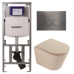 QeramiQ Dely Toiletset - 36.3x51.7cm - diepspoel - rimless - Geberit UP320 inbouwreservoir - softclose toilet zitting - gunmetal bedieningsplaat - ronde knoppen - mat beige SW1242413