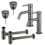 FortiFura Calvi Kit robinet lavabo - pour double vasque - robinet bas - bonde clic clac - siphon design bas - Gunmetal PVD SW911730