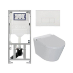 QeramiQ Luma Ensemble WC-douche - Réservoir encastré Geberit UP320 - avec châssis Burda - sèche-cheveux - douchette féminine - plaque de commande métallique blanche mate - boutons rectangulaires - blanc brillant SW1472012