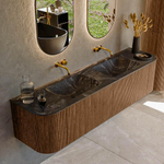 MONDIAZ KURVE-DLUX 180cm Meuble salle de bain avec module 25 G et D - couleur Walnut - 2 tiroirs - 2 portes - vasque LEAF double - sans trou de robinet - couleur Lava SW1137292