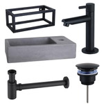 FortiFura Fuente Pack Lave-mains - 40x22x23.5cm - 1 trou de robinet - cadre noir - robinet Noir mat - Béton SW1111518