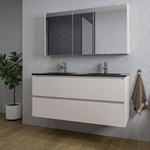 Saniclass Chaci Ensemble meuble de salle de bains - 120x46x55cm - lavabo céramique noir - 2 vasques - 2 trous de robinet - 2 tiroirs - armoire de toilette - cotton mat (beige) SW1182399