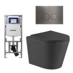 QeramiQ Dely Pack WC cuvette sans bride 36.3x51.7cm avec bâti-support Geberit UP320 abattant WC noir mat frein de chute et plaque de commande gunmetal boutons ronds SW804627