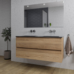 Saniclass Chaci Ensemble meuble de salle de bains - 120x46x55cm - lavabo céramique noir - 2 vasques - sans trous de robinetterie - 2 tiroirs - miroir rectangulaire - chêne SW816582