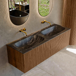 MONDIAZ KURVE-DLUX 140cm Meuble salle de bain - couleur Walnut - 2 tiroirs - vasque STOR SMALL double - sans trou de robinet - couleur Lava SW1137282