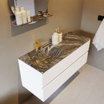 Mondiaz VICA-DLUX ensemble de meuble de salle de bain - 120cm - meuble sous lavabo talc - 4 tiroirs - lavabo encastré cloud gauche - 1 trou de robinet - miroir modèle spot - version XL 60cm haut - lave SW1098571