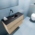 MONDIAZ ADA Toiletmeubel - 80x30x50cm - 0 kraangaten - 2 lades - washed oak mat - wasbak midden - Solid surface - Zwart SW473103