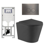 QeramiQ Dely Toiletset - 36.3x51.7cm - diepspoel - rimless - Geberit UP320 inbouwreservoir - met Burda frame - softclose toiletzitting - gunmetal bedieningsplaat - ronde knoppen - mat zwart SW804627