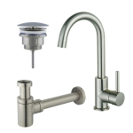 FortiFura Calvi Kit robinet lavabo - robinet haut - bec rotatif - bonde non-obturable - siphon design bas - Inox brossé PVD SW891940