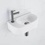 QeramiQ Fuente Ensemble de Lavabo - 40x21.5x12cm - gauche - lisse - demi-rond - 1 trou de robinet - céramique - ensemble de robinet gunmetal - bouchon de vidange - siphon abaissé - blanc mat SW1232827