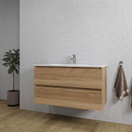 Saniclass Chaci Ensemble meuble de salle de bains - 100x46x55cm - lavabo en céramique blanc - 1 vasque - 1 trou de robinet - 2 tiroirs - chêne SW794603