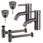 Fortifura Calvi Kit robinet lavabo - pour double vasque - robinet bas - bonde clic clac - siphon design bas - Gunmetal PVD SW911732