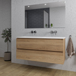 Saniclass Chaci Ensemble meuble de salle de bains - 120x46x55cm - lavabo en céramique blanc - 2 vasques - sans trous de robinet - 2 tiroirs - miroir rectangulaire - chêne SW816574