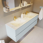 Mondiaz VICA-DLUX ensemble de meuble de salle de bain - 150cm - meuble sous-vasque argile - 2 tiroirs - lavabo encastré nuage double - 2 trous de robinet - miroir modèle spot - version XL 60cm de haut - opalo SW1099070