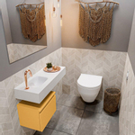 MONDIAZ ANDOR Toiletmeubel - 80x30x30cm - 1 kraangat - 1 lades - ocher mat - wasbak links - Solid surface - Wit SHOWROOMMODEL SHOW22110