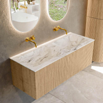 MONDIAZ KURVE-DLUX meuble de salle de bains 120 cm couleur Oak avec 1 tiroir. Lavabo LEAF double sans trou de robinet couleur Glace. SW1137952