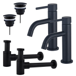 FortiFura Calvi Kit robinet lavabo - pour double vasque - robinet bas - bonde non-obturable - siphon design bas - Noir mat SW891992