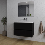 Adema Chaci Ensemble salle de bain - 80x46x55cm - 1 vasque en céramique blanche - sans trous de robinet - 2 tiroirs - miroir rectangulaire - noir mat SW816547