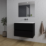 Saniclass Chaci Meuble de salle de bain - 80x46x55cm - lavabo en céramique blanc - 1 vasque - sans trous de robinet - 2 tiroirs - miroir rectangulaire - noir mat SW816547
